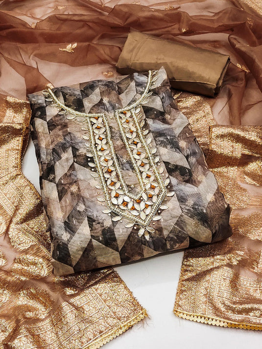 Coffee Brown Floral Woven Design Beads and Stones Organza Unstitched Dress Material