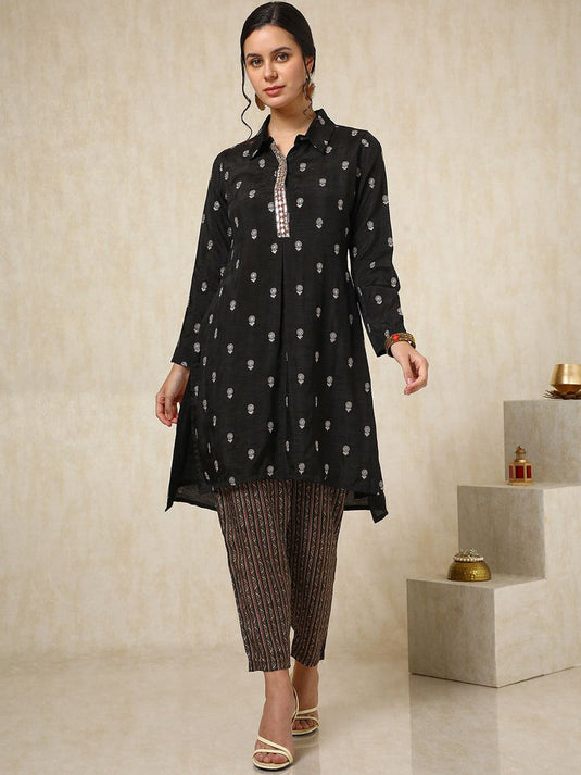 Embroidered Shirt Collar Top With Trousers