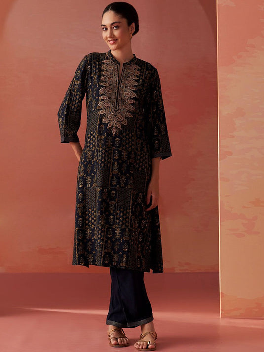 Printed Mandarin Collar Kurta With Trousers Co-Ords Set