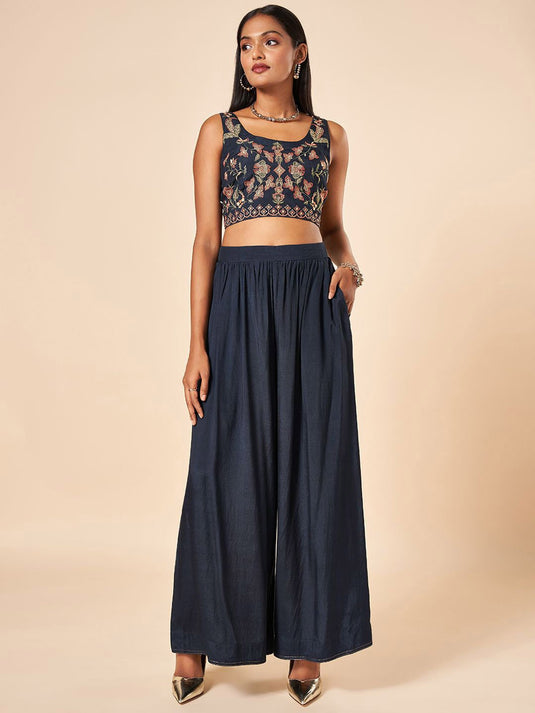 Embroidered Crop Top With Palazzos & Printed Shrug