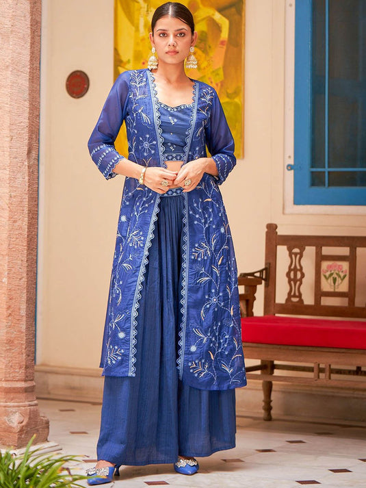 Embroidered Shoulder Straps Neck Sleeveless Top & Palazzo & Shrug