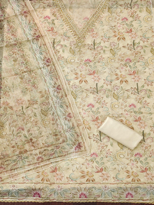 Floral Printed Beads Work Organza Unstitched Dress Material