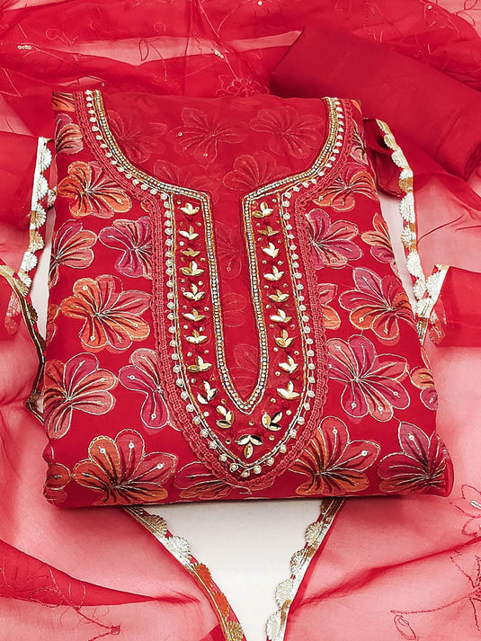 Floral Embroidered Beads and Stones Organza Unstitched Dress Material