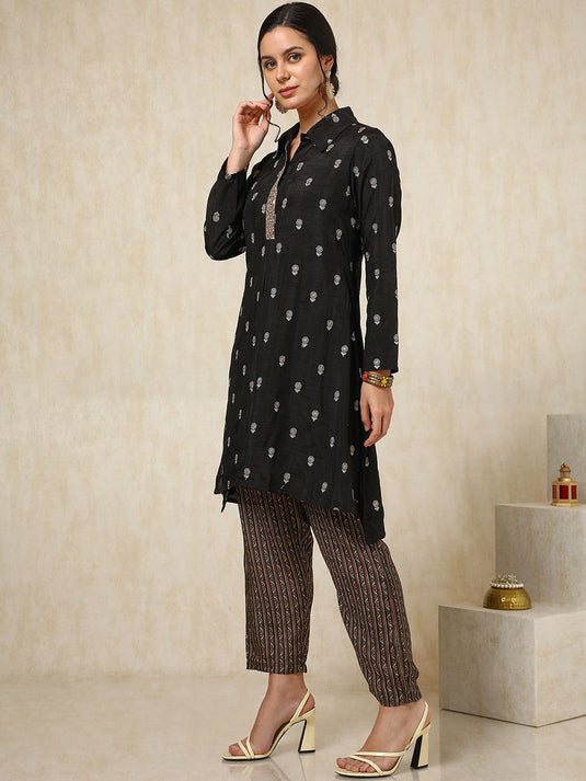 Embroidered Shirt Collar Top With Trousers