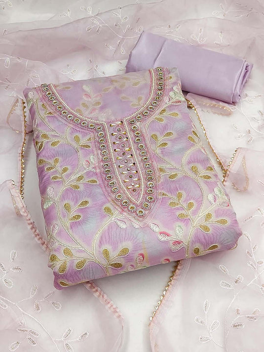 Purple Ethnic Motifs Embroidered Beads and Stones Organza Unstitched Dress Material