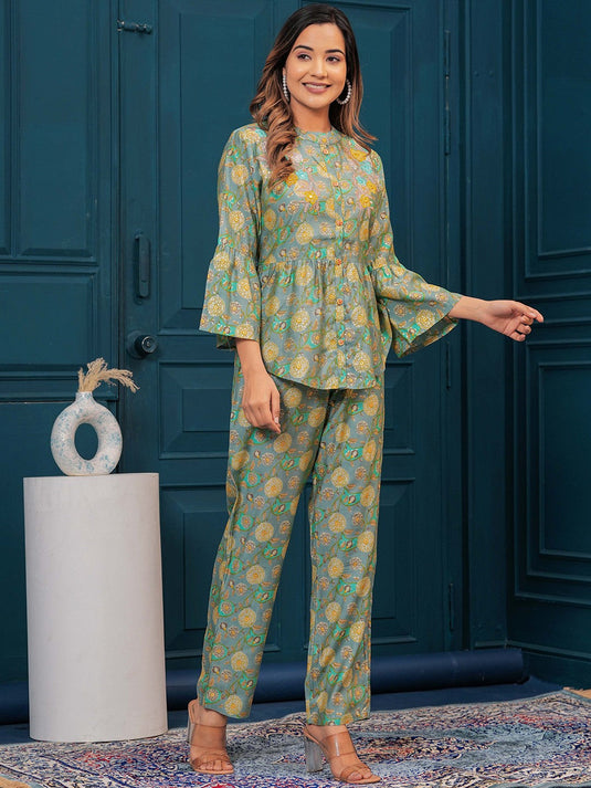 Floral Printed Embroidered Detail Pure Cotton Tunic With Palazzo