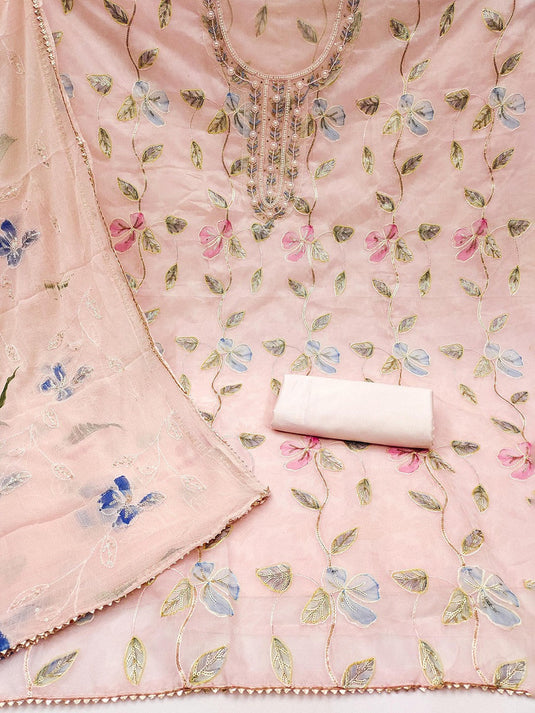Floral Embroidered Beads and Stones Organza Unstitched Dress Material