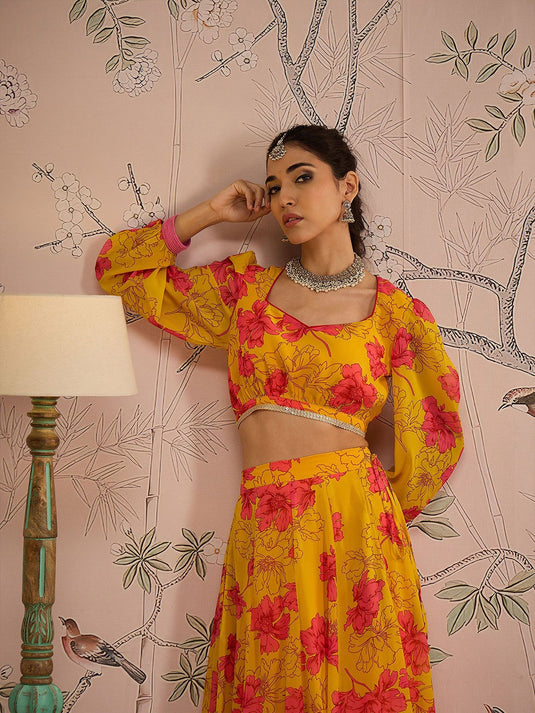 Floral Printed Sweetheart Neck Puffed Sleeves Crop Top & Anarkali Skirt