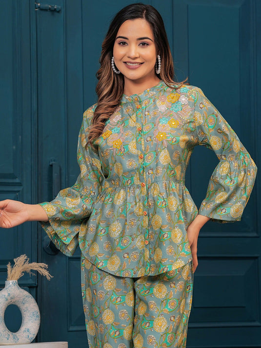 Floral Printed Embroidered Detail Pure Cotton Tunic With Palazzo