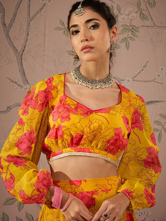 Floral Printed Sweetheart Neck Puffed Sleeves Crop Top & Anarkali Skirt