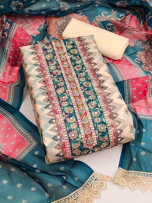 Ethnic Motifs Embellished Mirror Work Organza Unstitched Dress Material