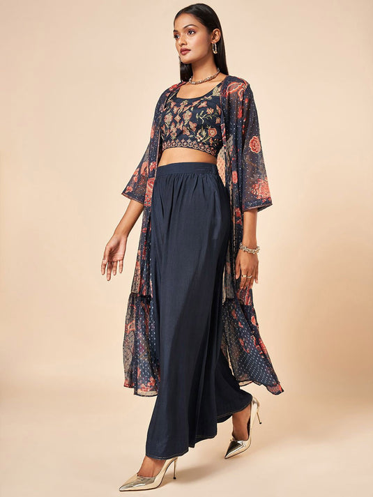 Embroidered Crop Top With Palazzos & Printed Shrug