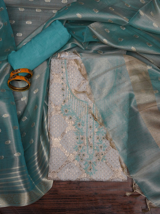 Women Zari Woven Cotton Blend Dress Material with Dupatta
