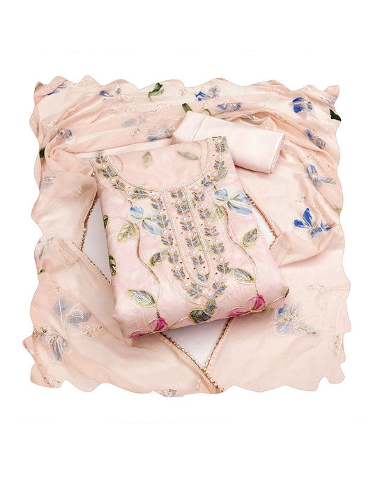 Floral Embroidered Beads and Stones Organza Unstitched Dress Material