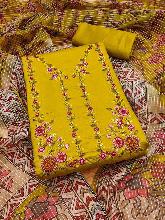 Floral Embroidered Pure Silk Unstitched Dress Material