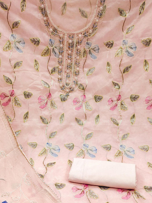Floral Embroidered Beads and Stones Organza Unstitched Dress Material