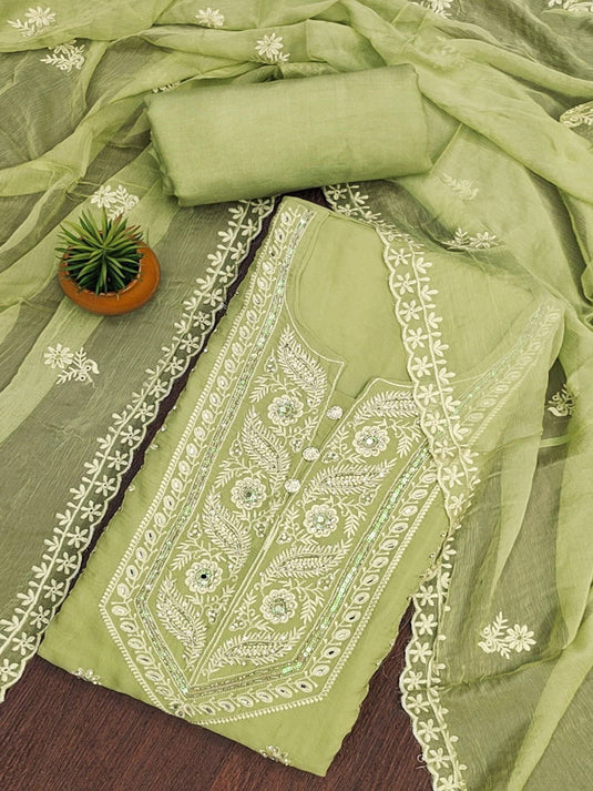 Embroidered Thread Work Organza Unstitched Dress Material