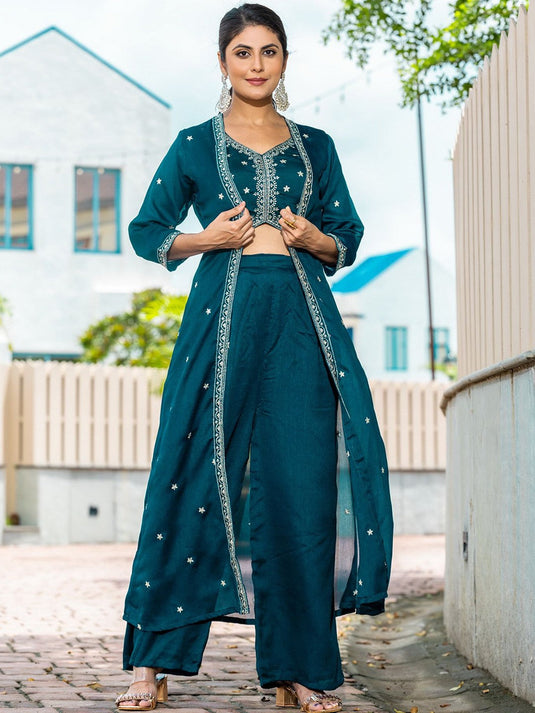 Embroidered V-Neck Top With Palazzos & Shrug