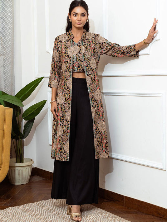 Black Floral Printed V-Neck Top with Shrug & Trousers