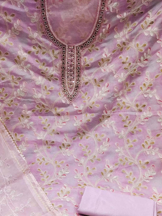 Purple Ethnic Motifs Embroidered Beads and Stones Organza Unstitched Dress Material