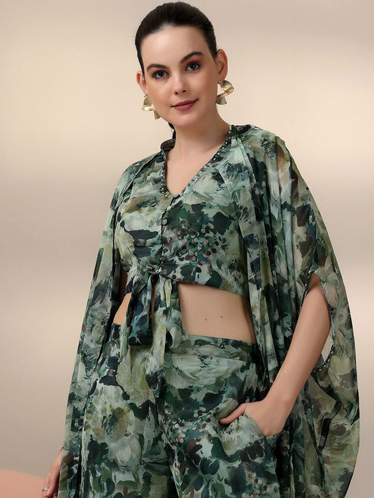 Floral Printed V-Neck Top & Palazzo With Shrug