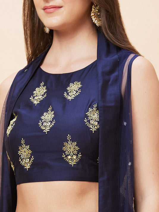 Embroidered Ethnic Crop Top With Longline Shrug & Palazzos