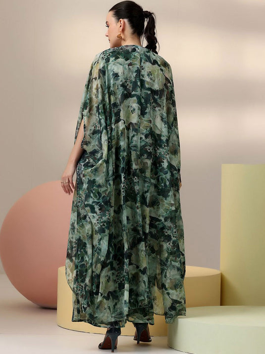 Floral Printed V-Neck Top & Palazzo With Shrug