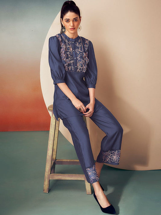 Embroidered Band Collar Tunic With Trouser