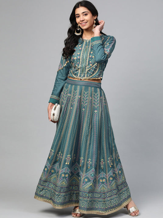 Women Teal Blue & Golden Sustainable Top with Skirt
