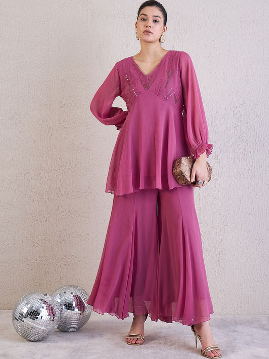 Embellished V Neck Tunic With Palazzo