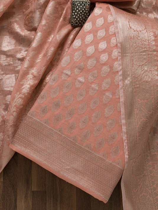 Peach-Coloured & Gold-Toned Art Silk Unstitched Dress Material