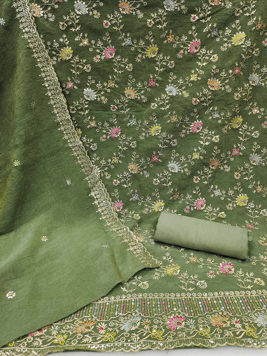Floral Embroidered Sequinned Silk Chiffon Unstitched Dress Material