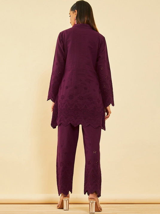 Maroon Self Design Pure Cotton Schiffli Ethnic Tunic With Trousers