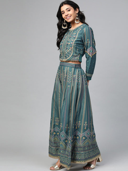 Women Teal Blue & Golden Sustainable Top with Skirt