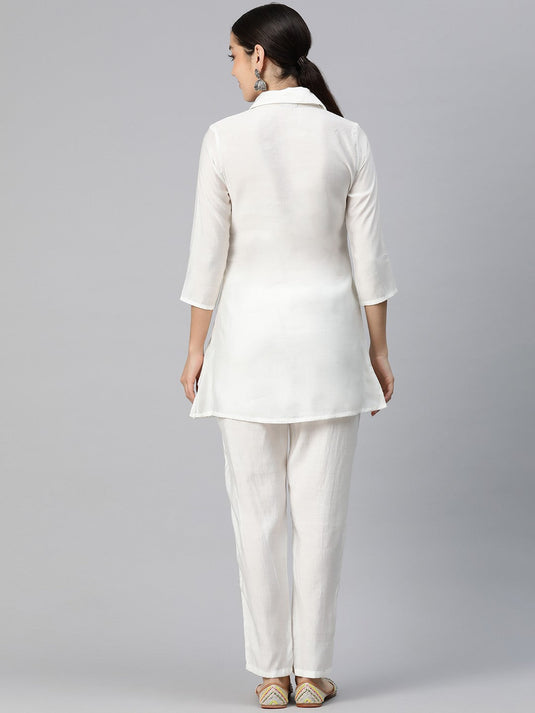 Women Embroidered Pure Silk Tunic with Trousers