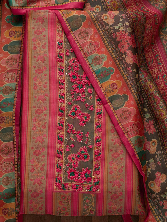 Pink & Green Embroidered Art Silk Unstitched Dress Material
