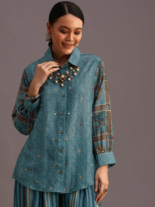 Ethnic Printed Shirt Collar Beads And Stones Linen Shirt & Palazzo