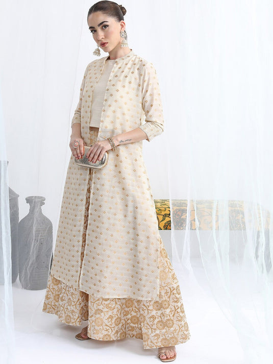 Ethnic Motifs Woven Design Top & Skirt With A-Line Jacket