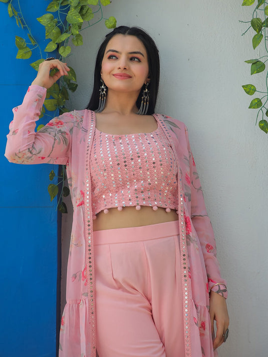 Embroidered Mirror Work Top With Sharara & Shrug