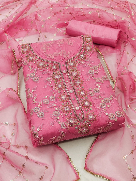 Floral Embroidered Beads and Stones Organza Unstitched Dress Material