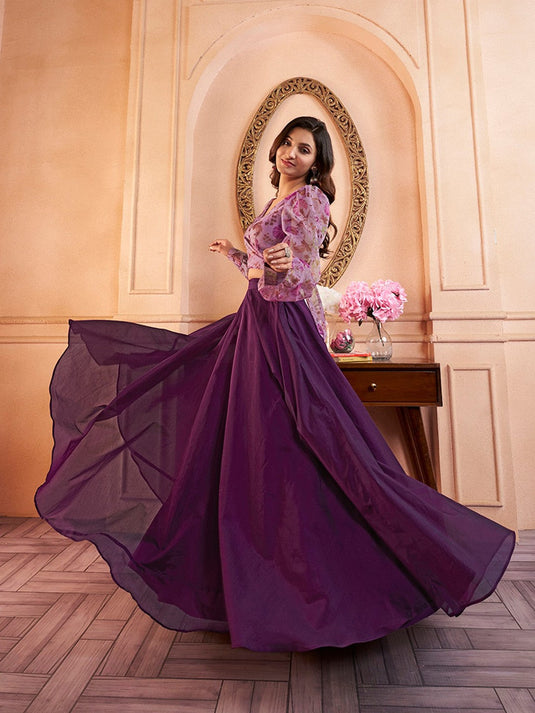Floral Printed V-Neck Organza Crop Top with Mid-Rise Chanderi Cotton Skirt