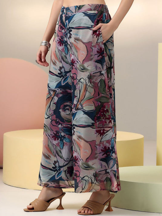 Floral Printed V-Neck Top & Palazzo With Shrug