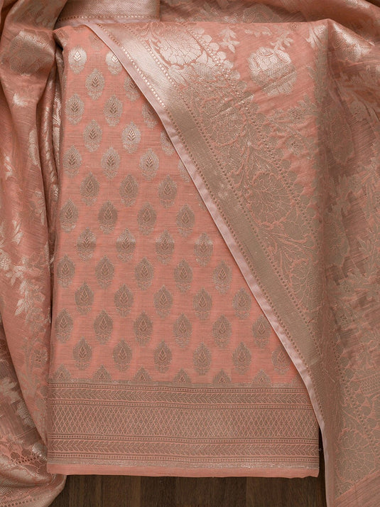 Peach-Coloured & Gold-Toned Art Silk Unstitched Dress Material