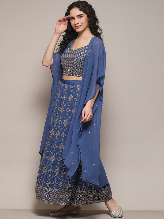 Ethnic Motifs Embroidered Thread Work Crop Top with Palazzos & Shrug