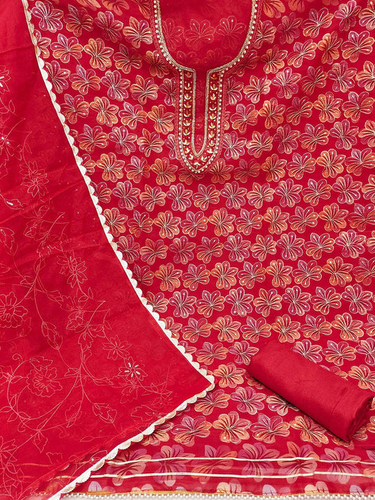 Floral Embroidered Beads and Stones Organza Unstitched Dress Material