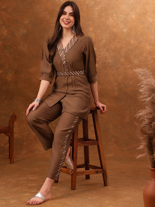 Embroidered Mirror Work Tunic With Trousers & Belt
