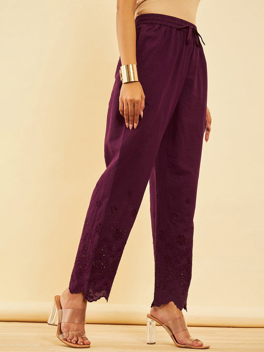 Maroon Self Design Pure Cotton Schiffli Ethnic Tunic With Trousers