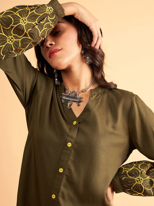 Embroidered Shirt-Collar Shirt With Trouser