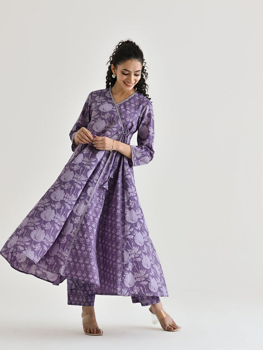 Floral Printed Angarakha Pure Cotton Tunic With Trousers