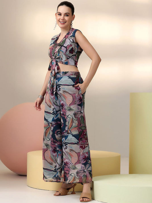 Floral Printed V-Neck Top & Palazzo With Shrug